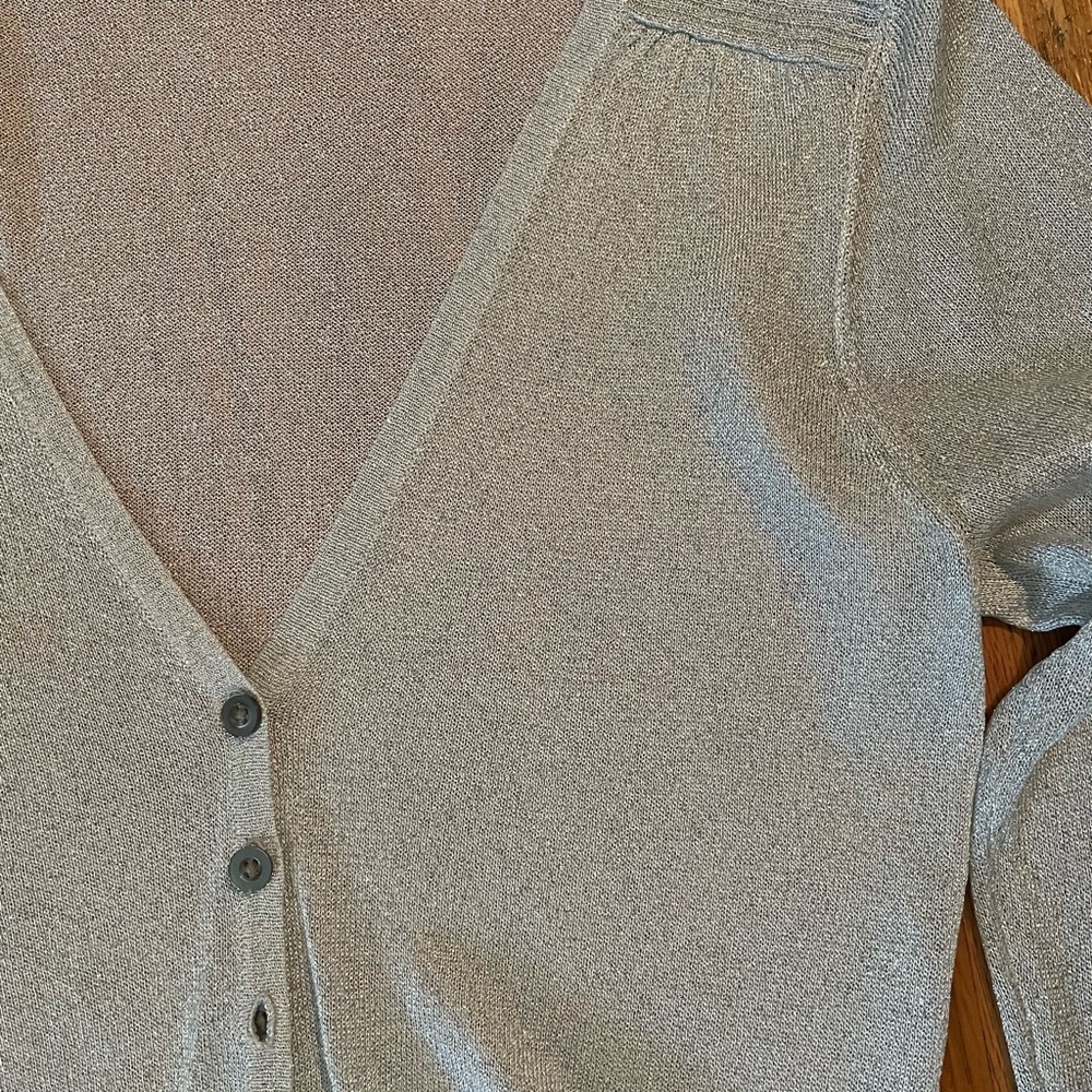 Shimmery silver light weight dressy button up top/layer. - Picture 2 of 6